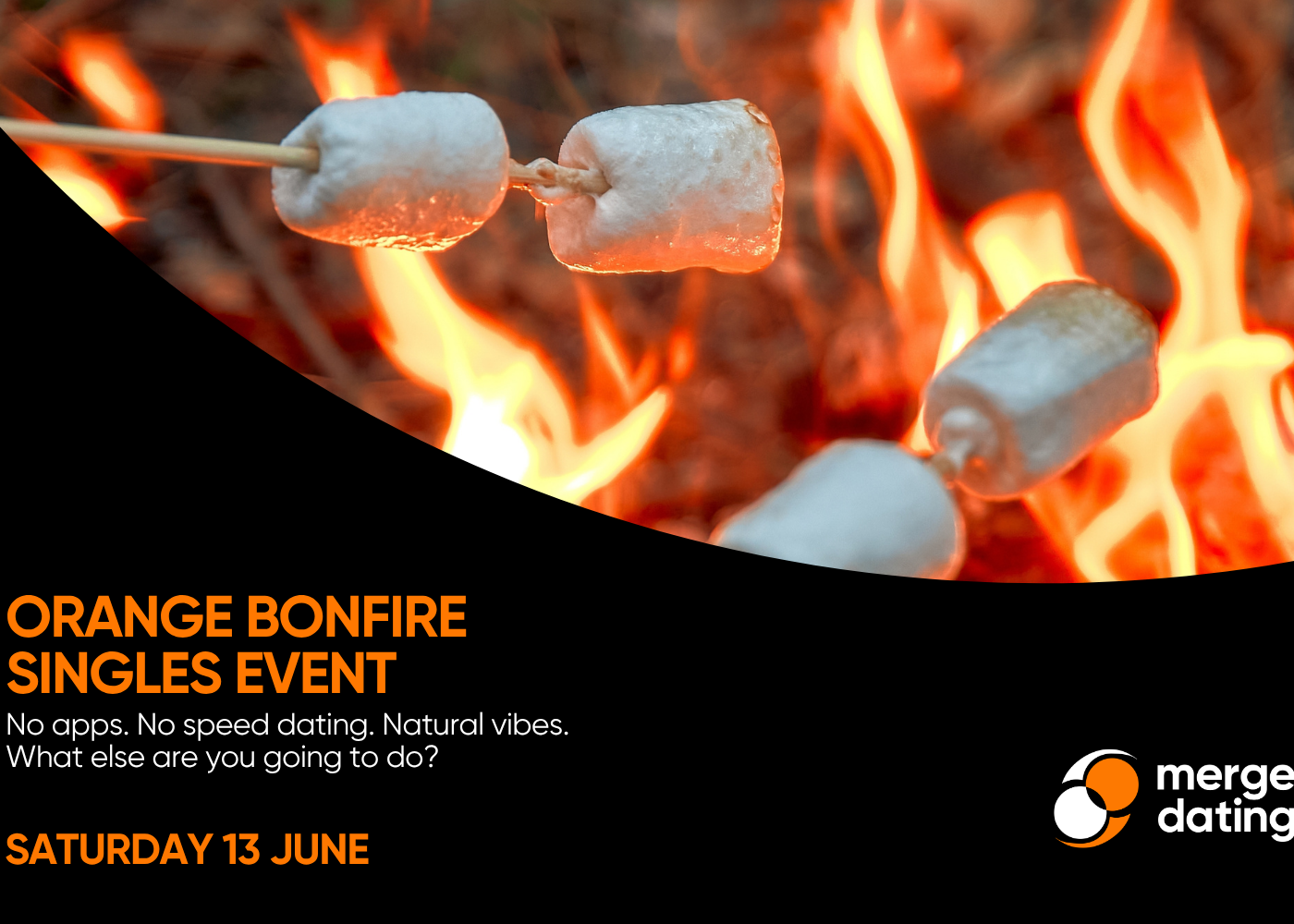 Marshmallows roasting over a bonfire with promotional text for an Orange Bonfire Singles Event.