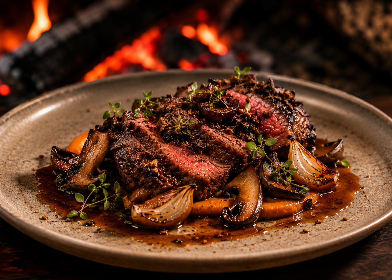 Steak with onions on a plate in front of a fireplace