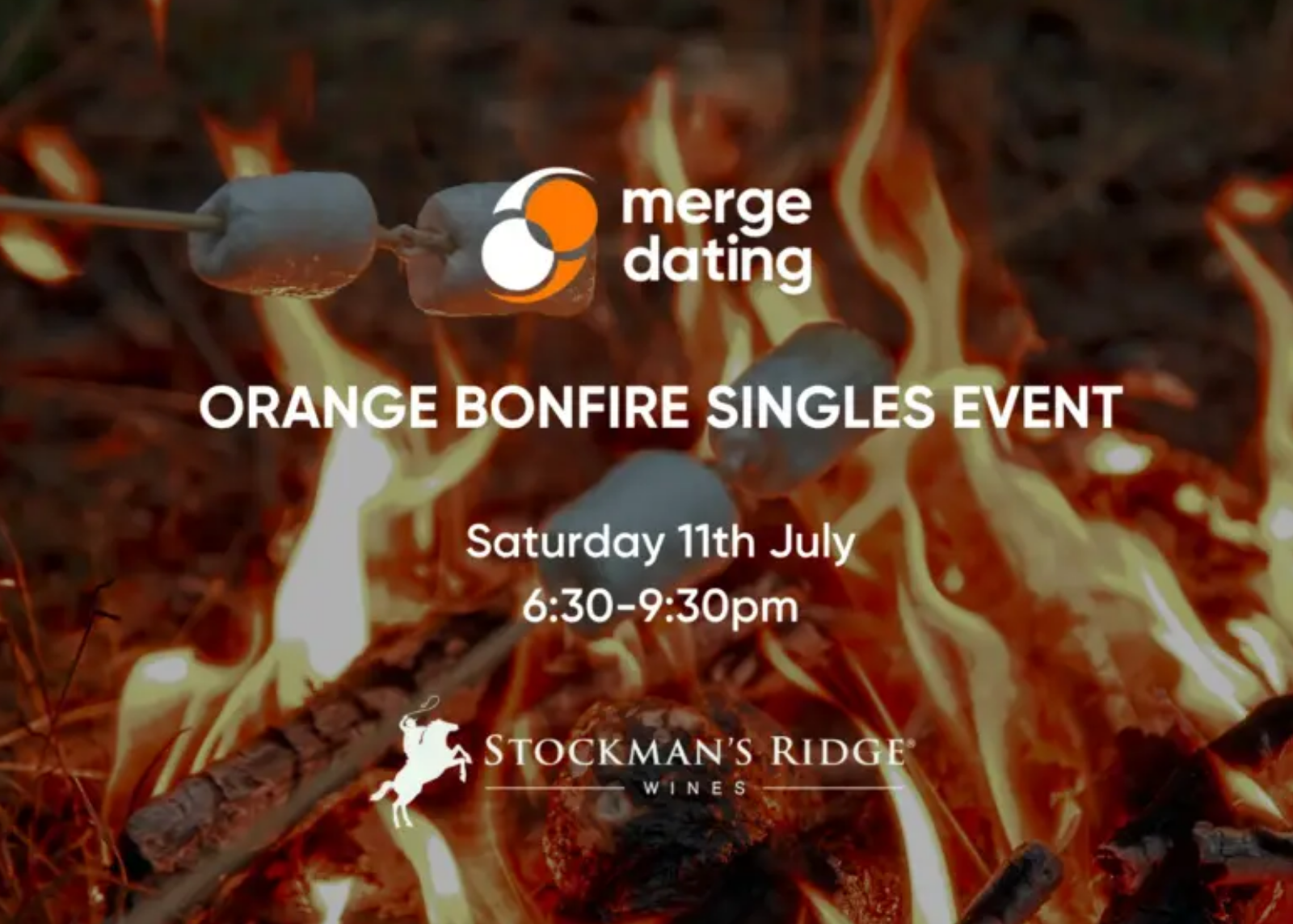 Advertisement for an 'Orange Bonfire Singles Event' with marshmallows over a campfire, featuring the Merge Dating logo.