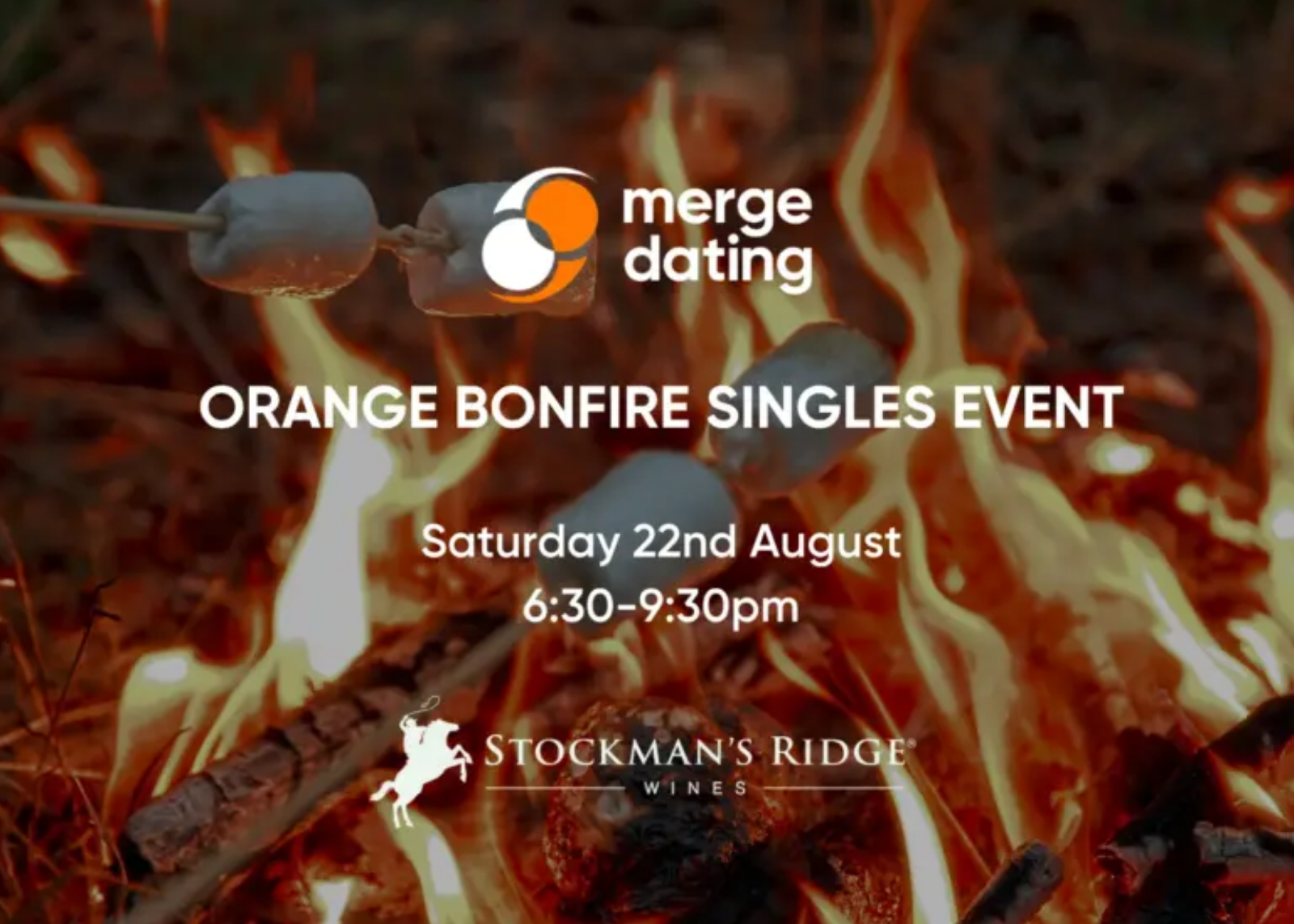 Promotional graphic for the Orange Bonfire Singles Event, featuring a campfire scene with marshmallows roasting over flames. White text displays the event details: Saturday 22nd August, 6:30-9:30pm.