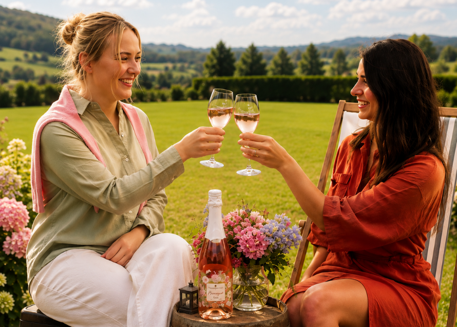 Two women sitting in outdoor garden chairs on a lawn, clinking wine glasses over a bottle of rosé wine and flowers on a wooden barrel table. One woman wears a sage green top and white pants with a pink shawl, and the other wears a rust-orange dress.