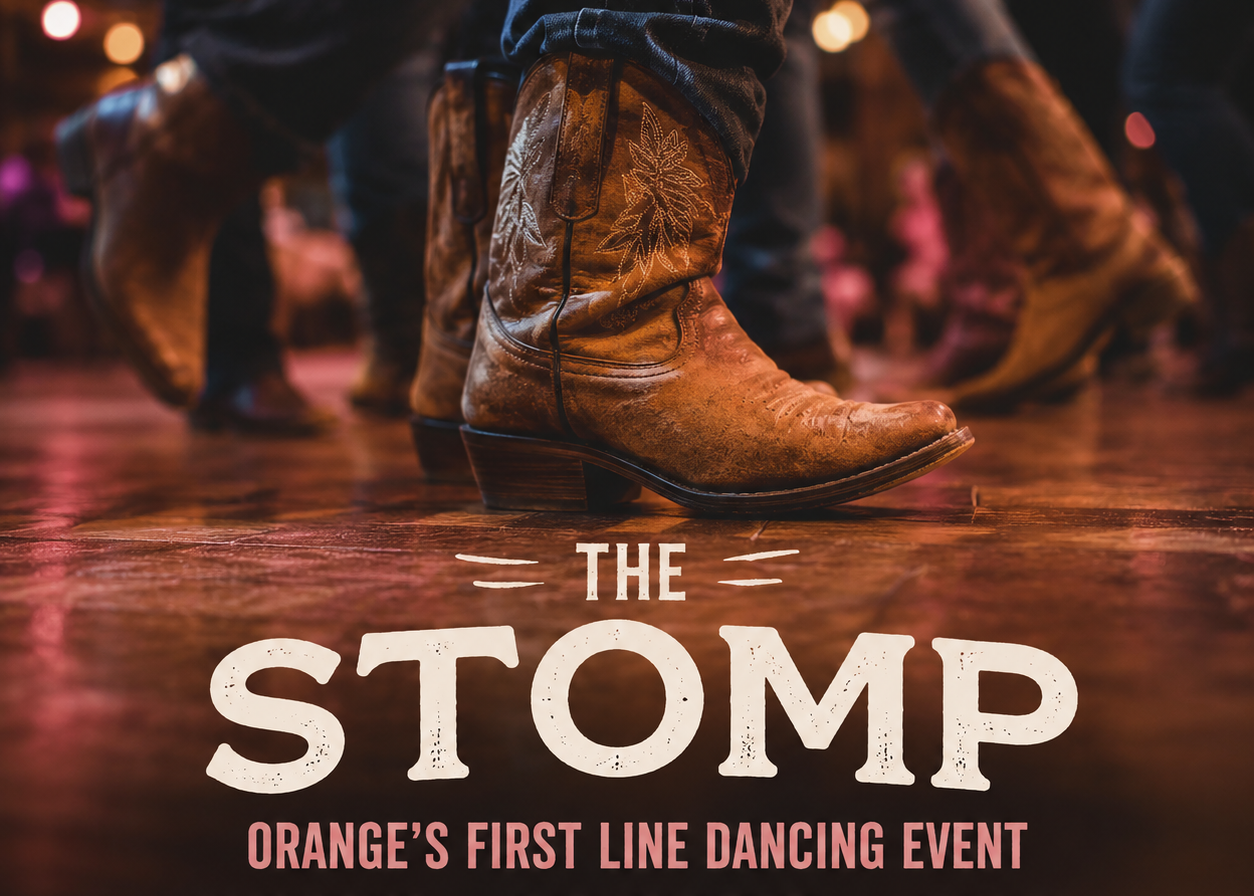 Promotional graphic for 'The Stomp' dancing event, featuring close-up photos of people's legs and cowboy boots dancing on a wooden floor, with bold white and pink text overlay.