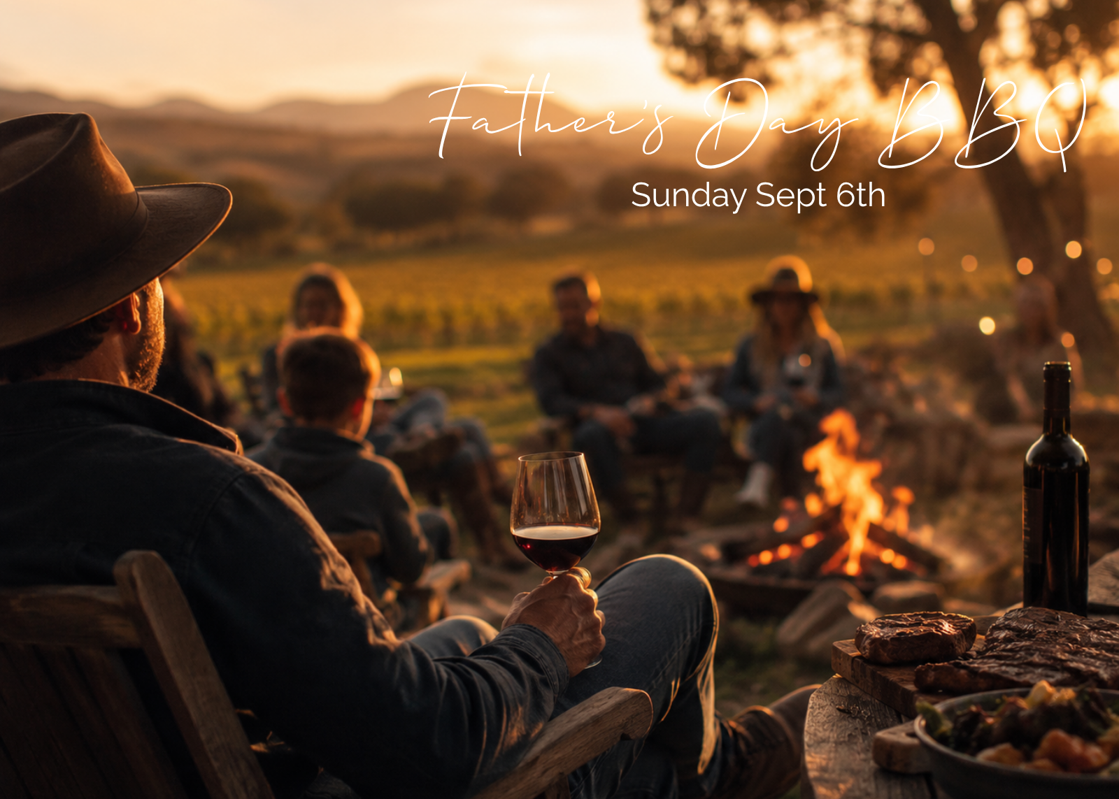 A warm outdoor Father's Day BBQ scene at sunset with people sitting around a campfire, holding drinks, and food on a table in the foreground. White text overlay reads 'Father's Day BBQ' and 'Sunday Sept 6th'.