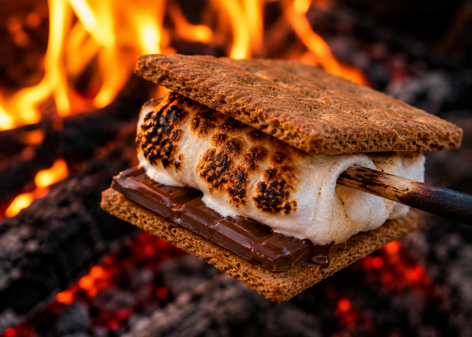 S'mores being roasted over a campfire with flames in the background
